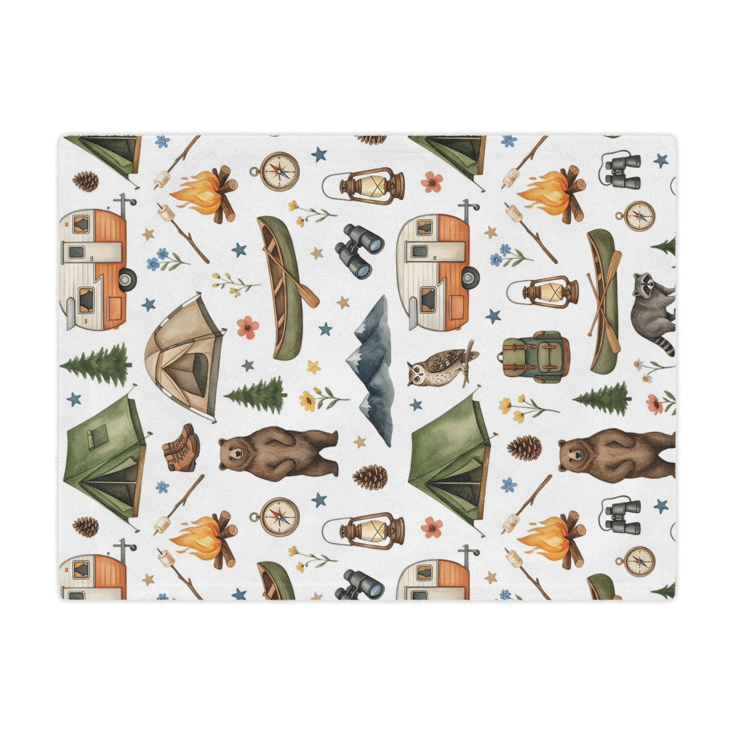 Camping Pattern Minky Blanket — Cozy Outdoor Adventure Throw with Tents, Campfire & Wildlife