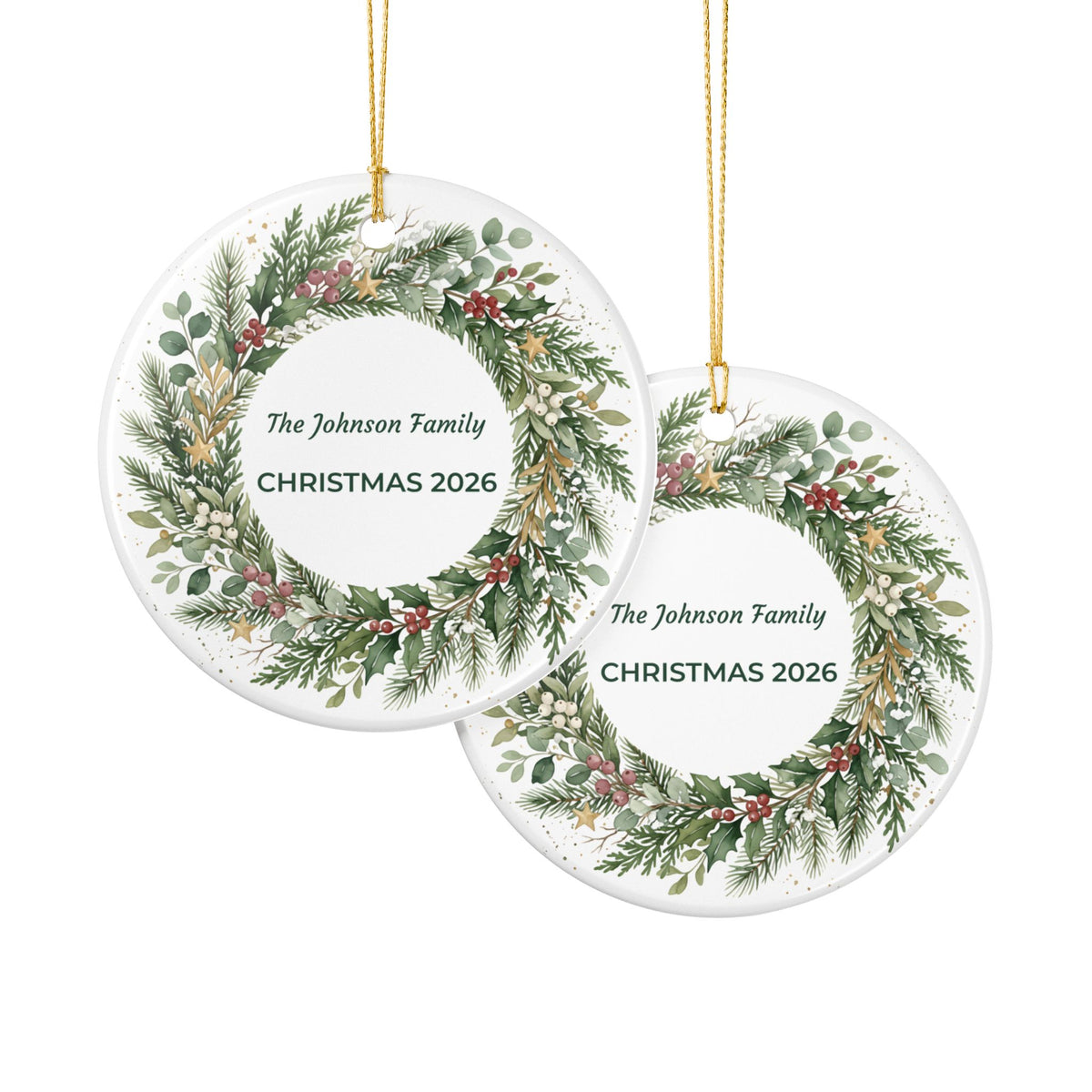 Personalized Christmas Wreath Ceramic Ornament - 'The Johnson Family CHRISTMAS'