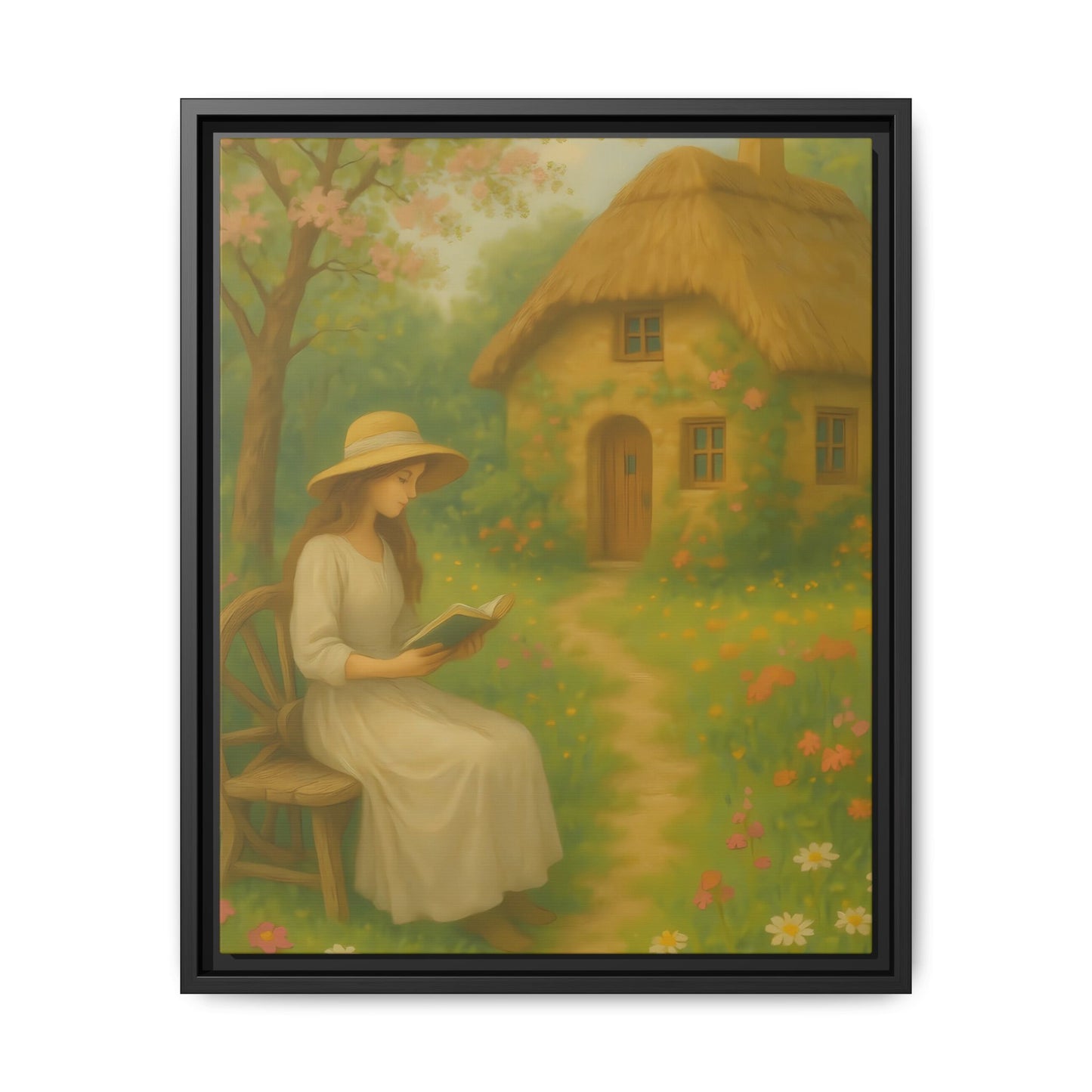 Cottage Garden Reader – Framed Matte Canvas Wall Art of Woman Reading by a Thatched Cottage
