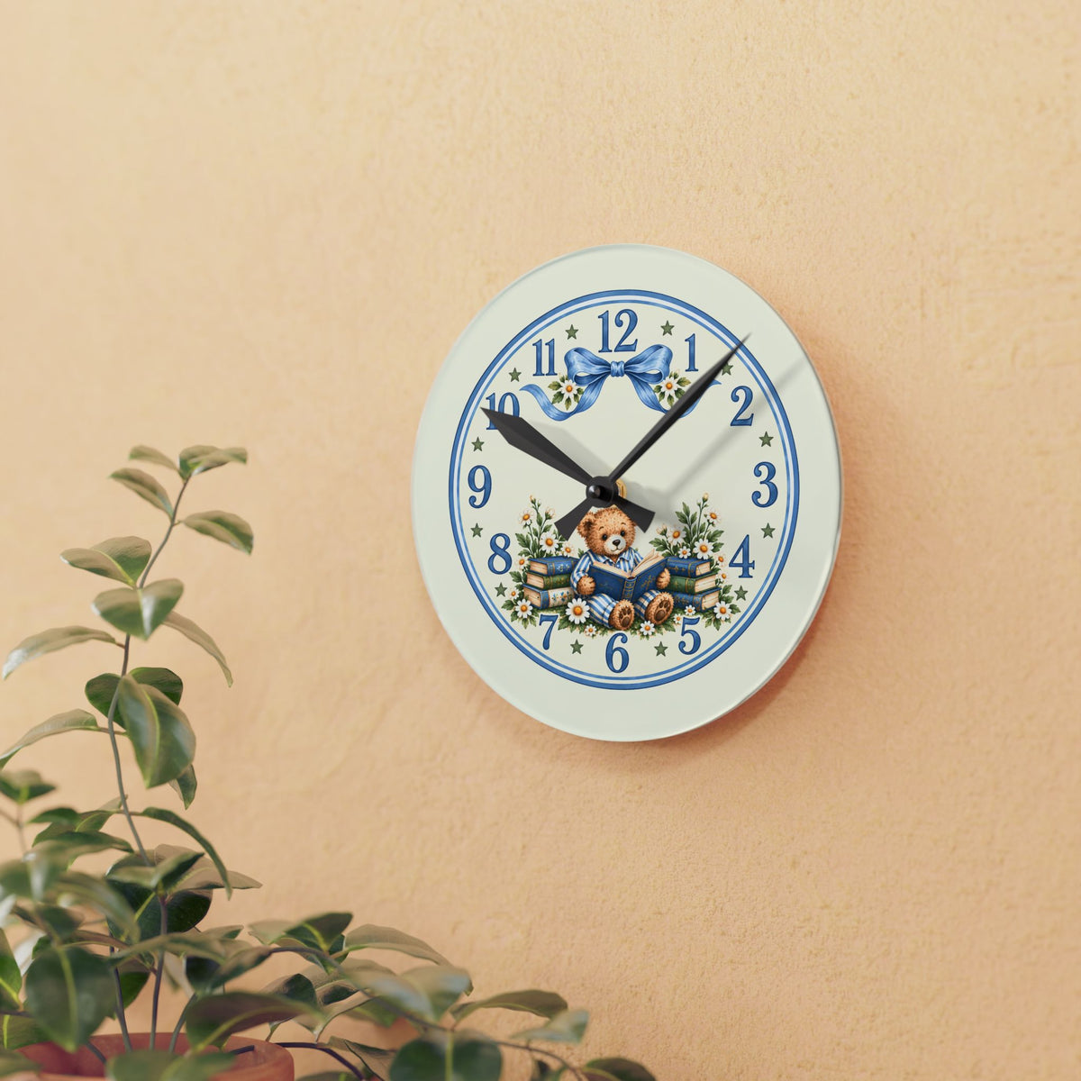 Vintage Teddy Bear Floral Acrylic Wall Clock