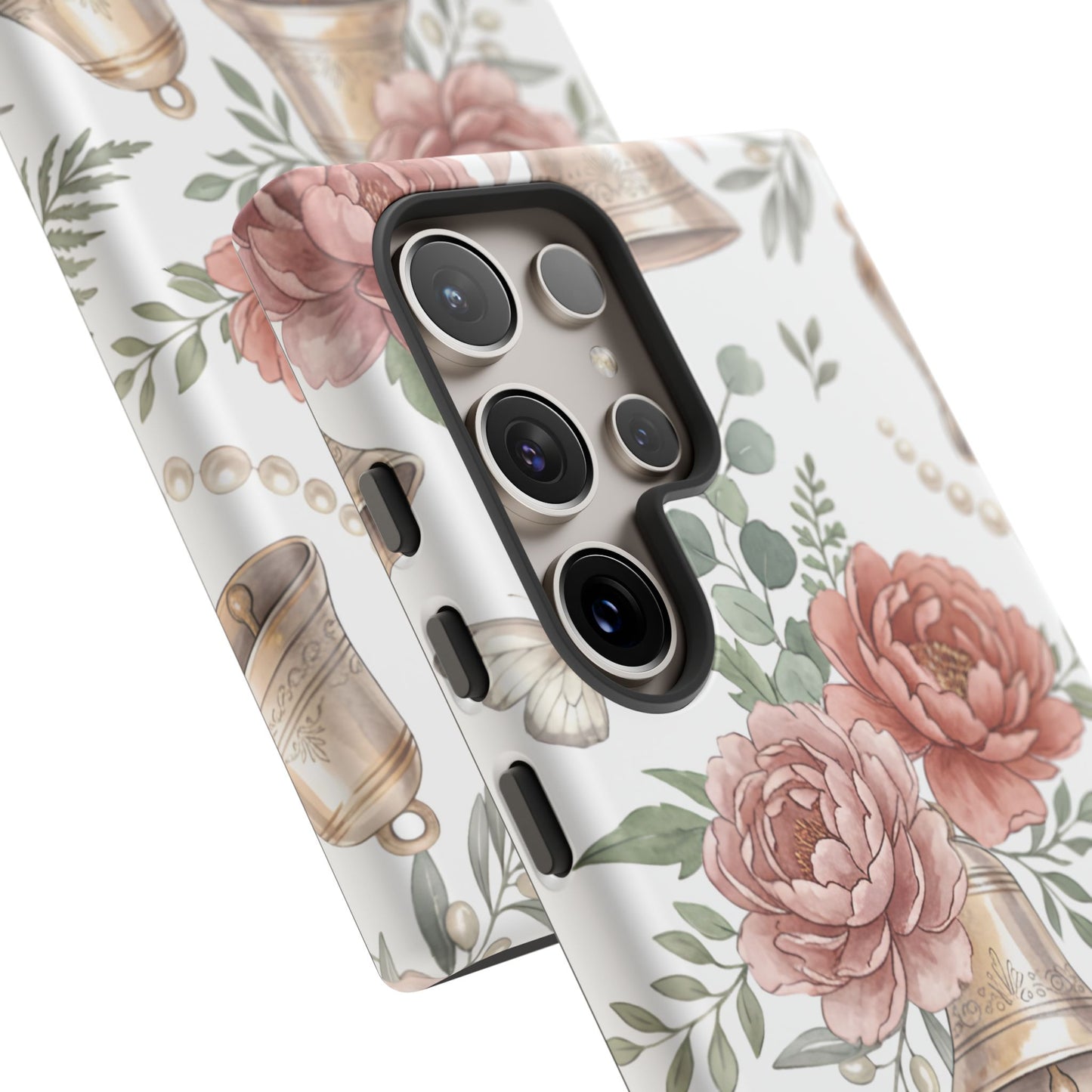 Floral Wedding Bells Phone Case — Vintage Roses, Butterflies & Bow Protective Tough Case