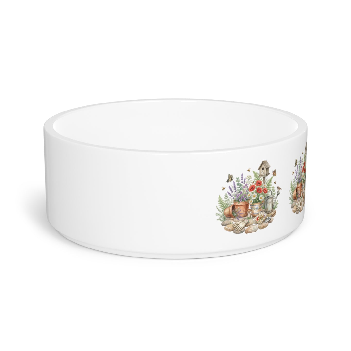Ceramic Pet Bowl — Garden Watering Can & Birdhouse Floral Design