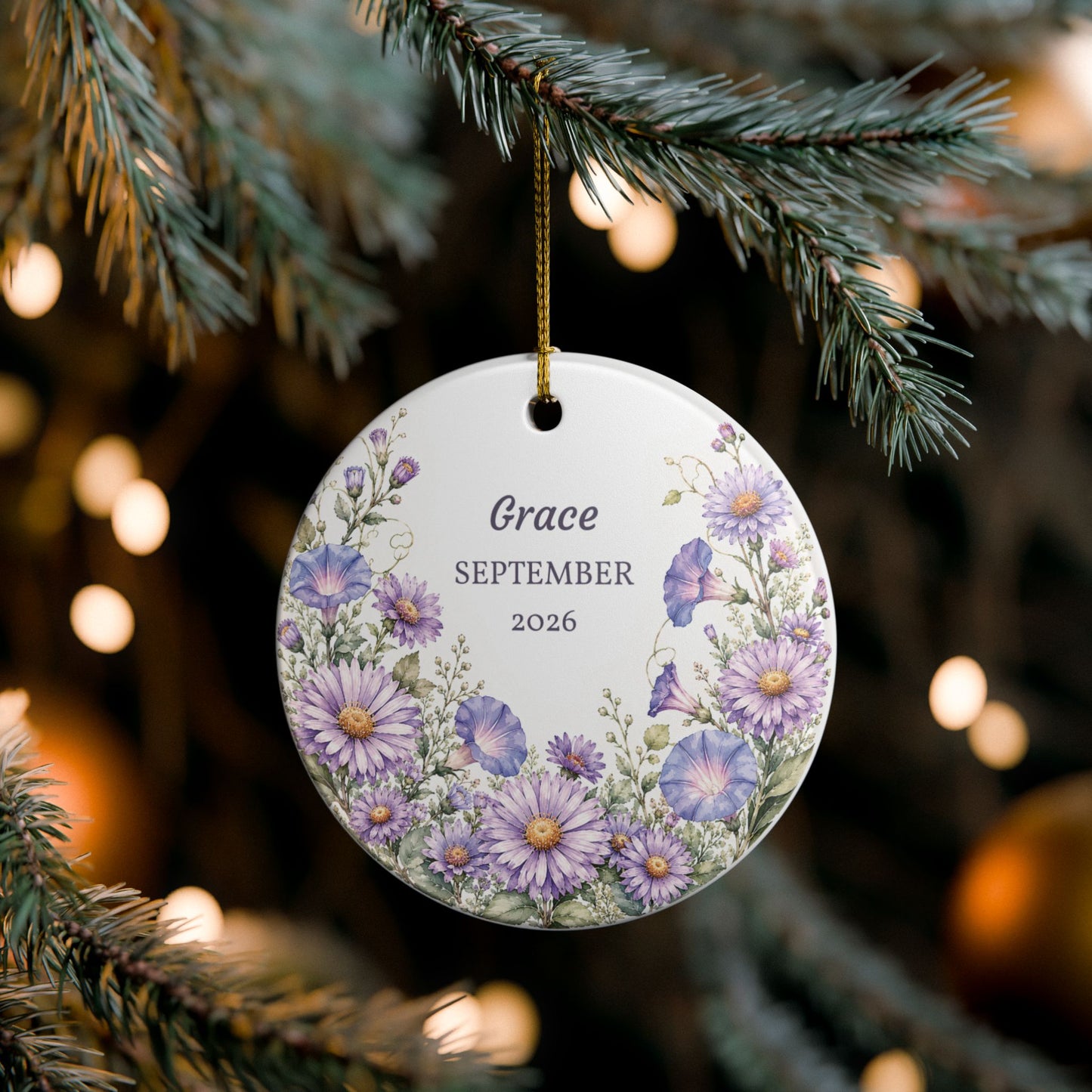 Personalized Ceramic Ornament — Purple Daisy Floral Birth/Memory Keepsake