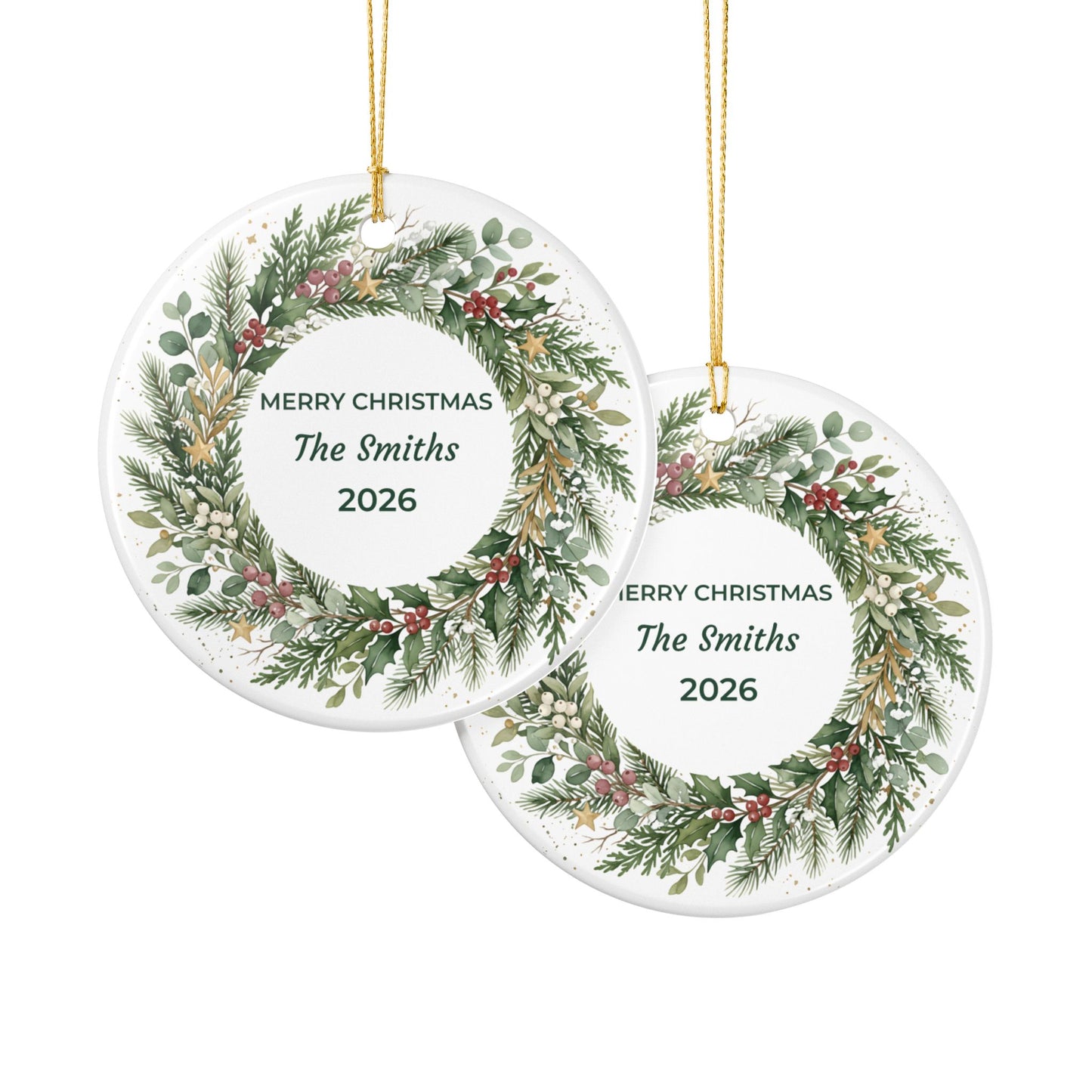 Personalized Ceramic Christmas Ornament – Green Holiday Wreath, 'Merry Christmas The Smiths'