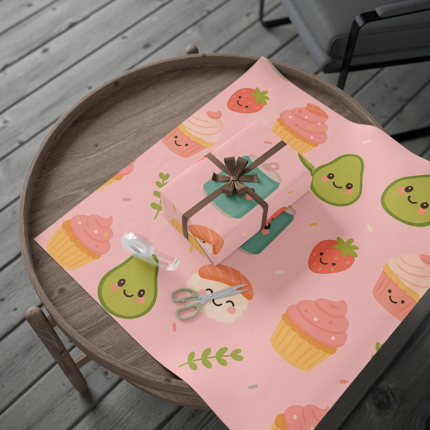 Kawaii Treats Wrapping Paper – Cute Sushi, Cupcakes, Avocados & More on Pink