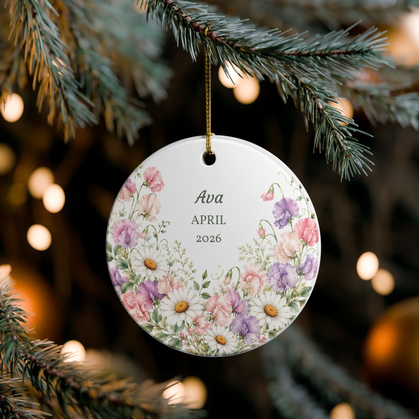 Personalized Floral Ceramic Ornament — Custom Name & Year (Daisies & Pastel Bouquet)