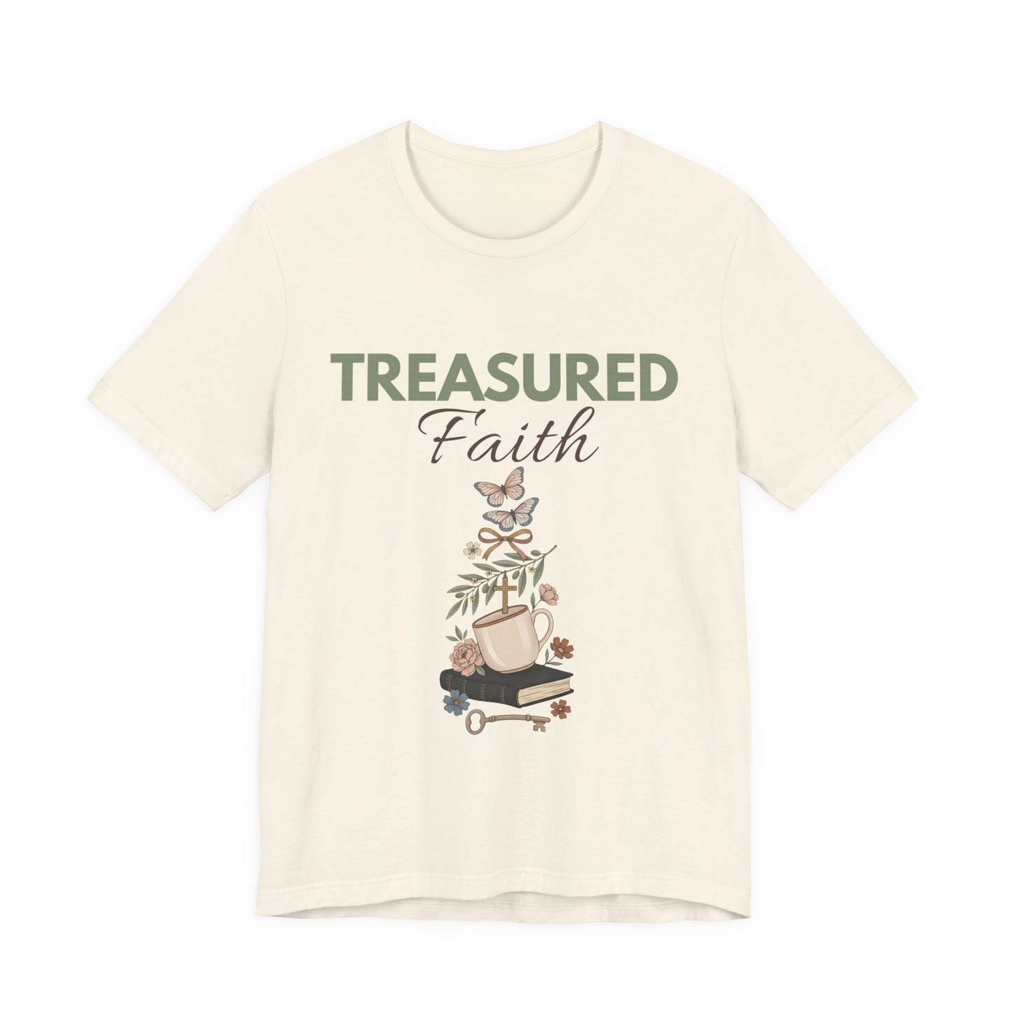 Natural colored t-shirt with 'Treasured Faith' text and graphic design on a white background