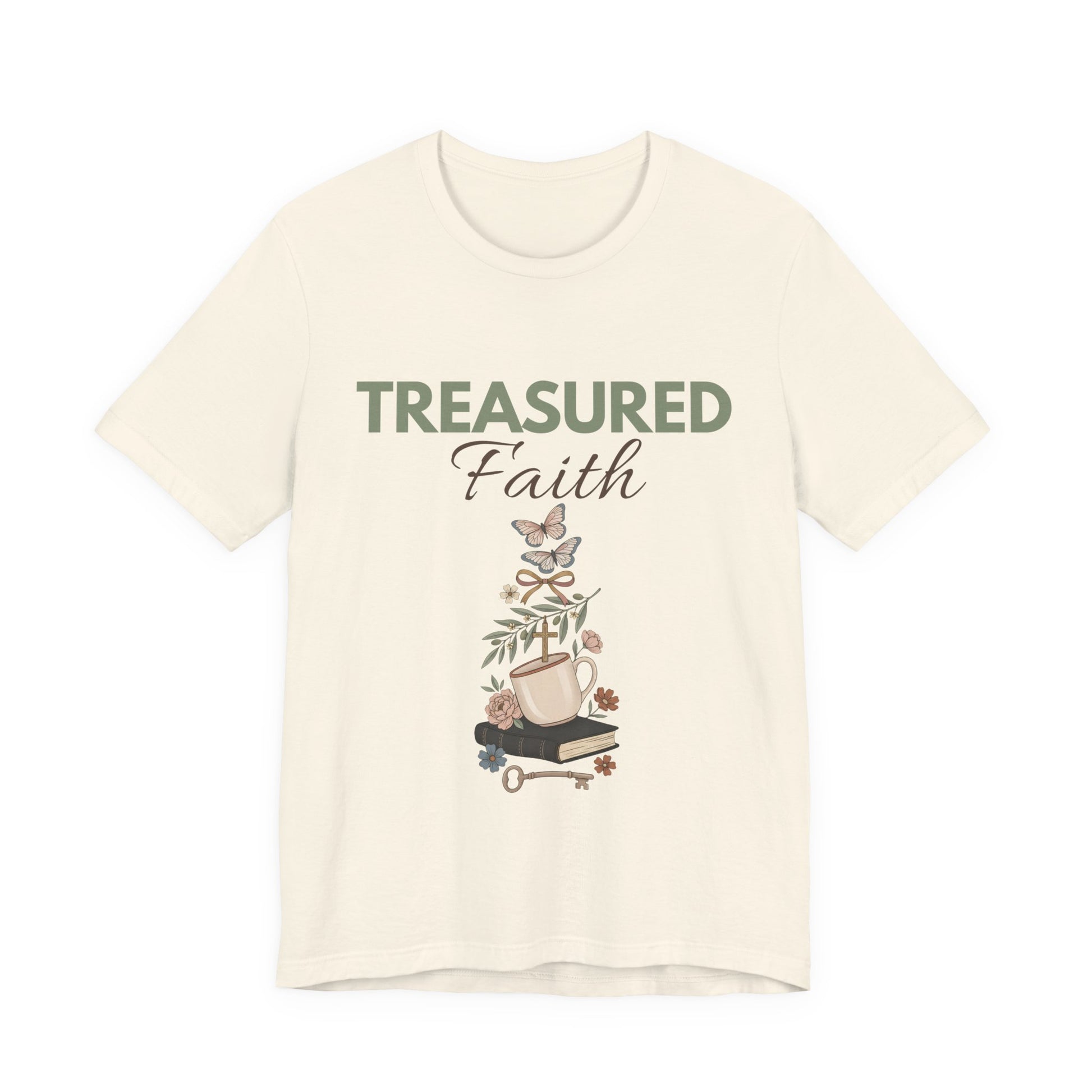 Natural colored t-shirt with 'Treasured Faith' text and graphic design on a white background