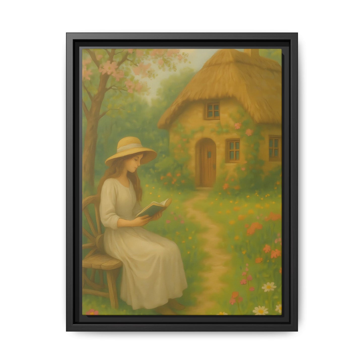 Cottage Garden Reader – Framed Matte Canvas Wall Art of Woman Reading by a Thatched Cottage