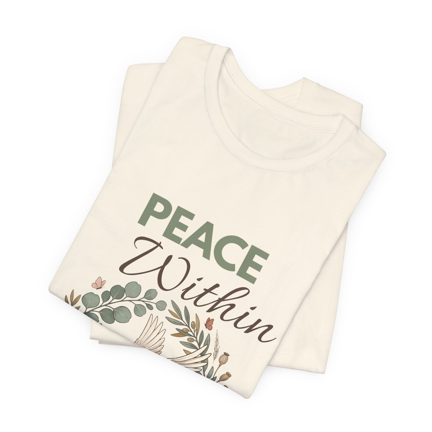 Folded t-shirts with 'Peace Within' text and floral design on a white background