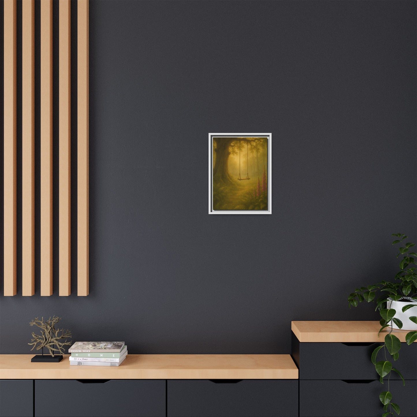 Golden Forest Swing – Framed Matte Canvas Woodland Wall Art