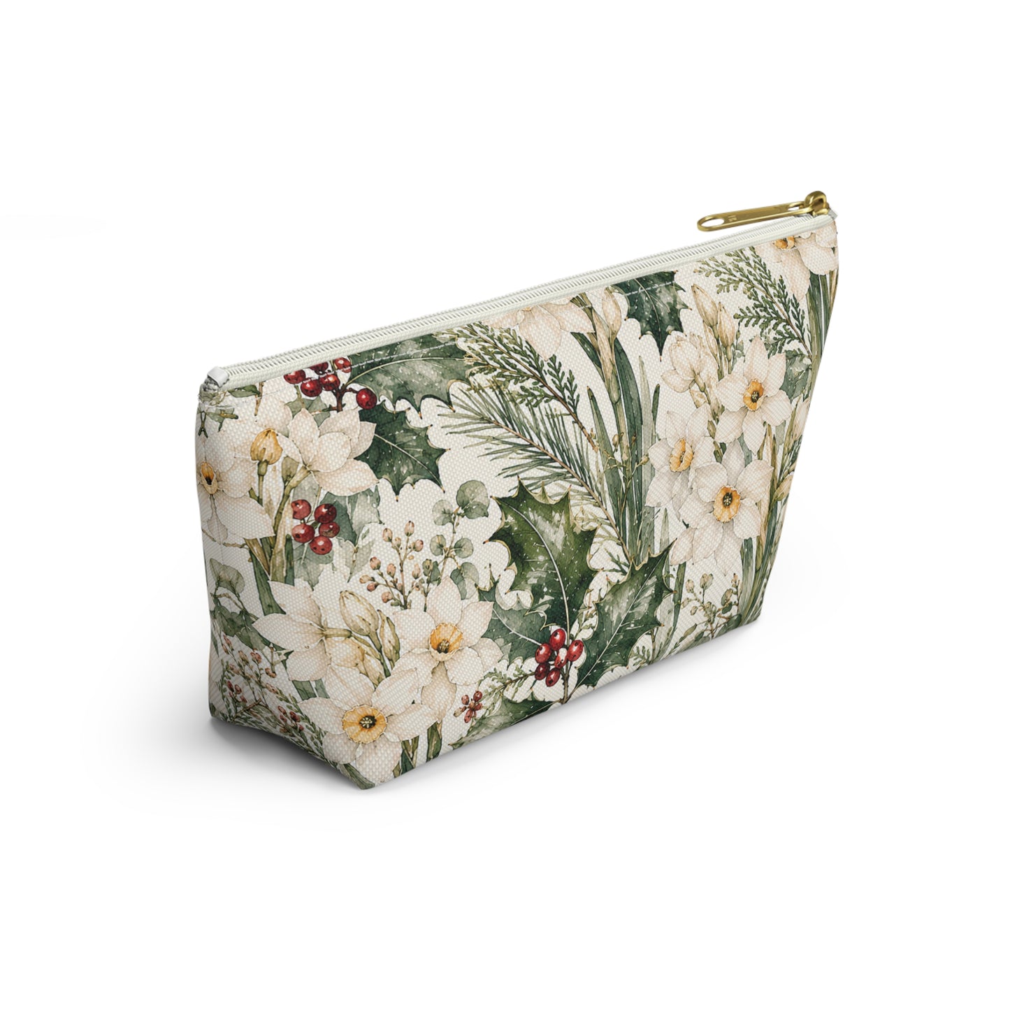 Floral Winter Accessory Pouch — Holiday Daffodil & Holly Makeup Bag
