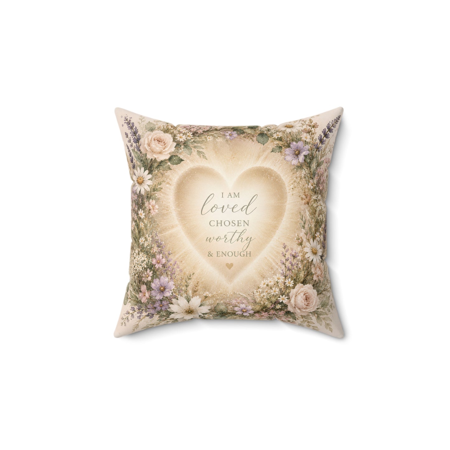 Inspirational Heart Floral Pillow – "I Am Loved, Chosen, Worthy & Enough" Decorative Throw Pillow