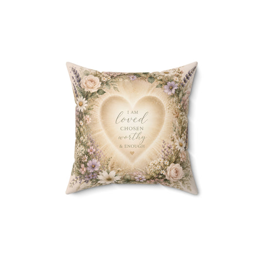 Inspirational Heart Floral Pillow – "I Am Loved, Chosen, Worthy & Enough" Decorative Throw Pillow