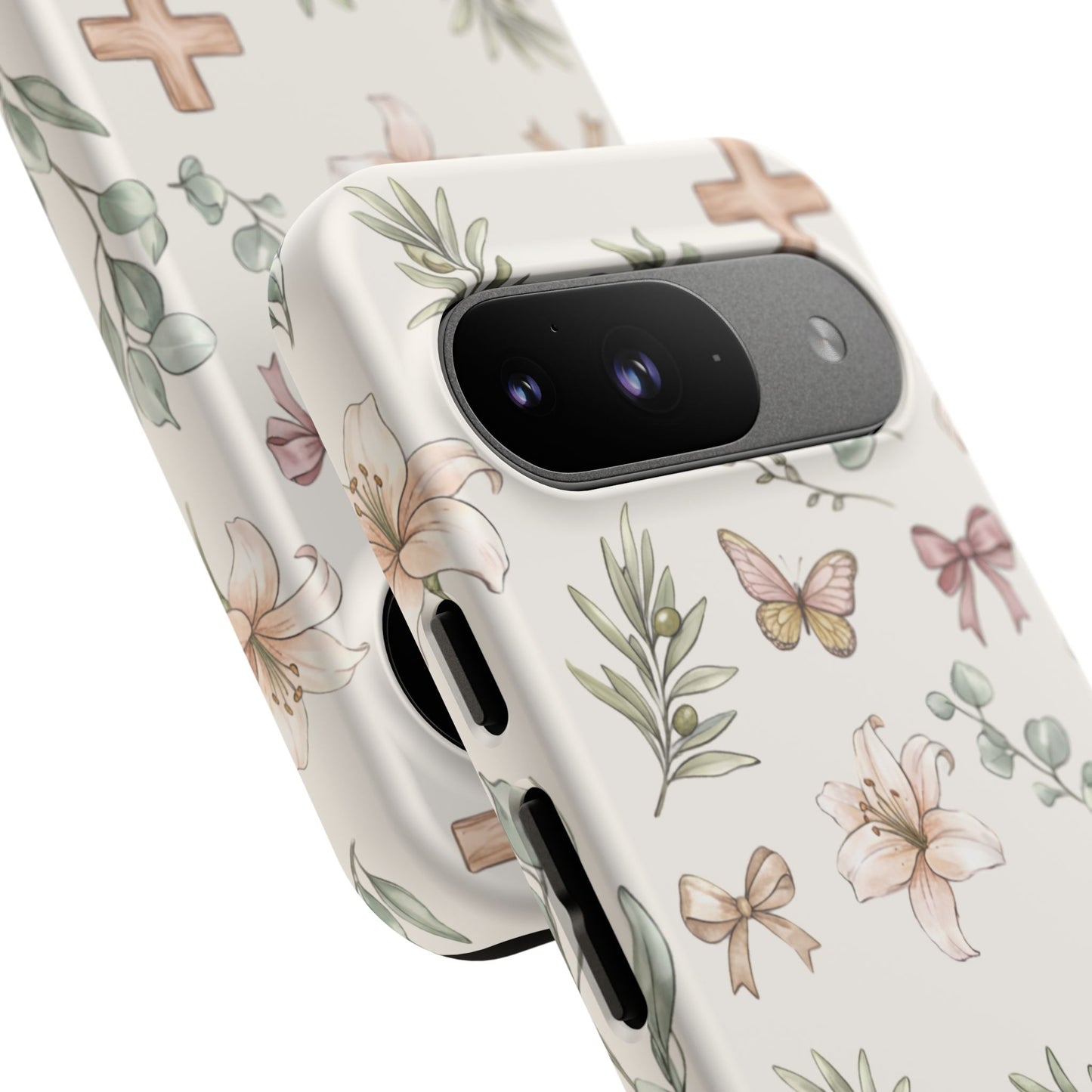 Floral Cross Tough Phone Case — Pastel Butterflies & Bows Christian Design