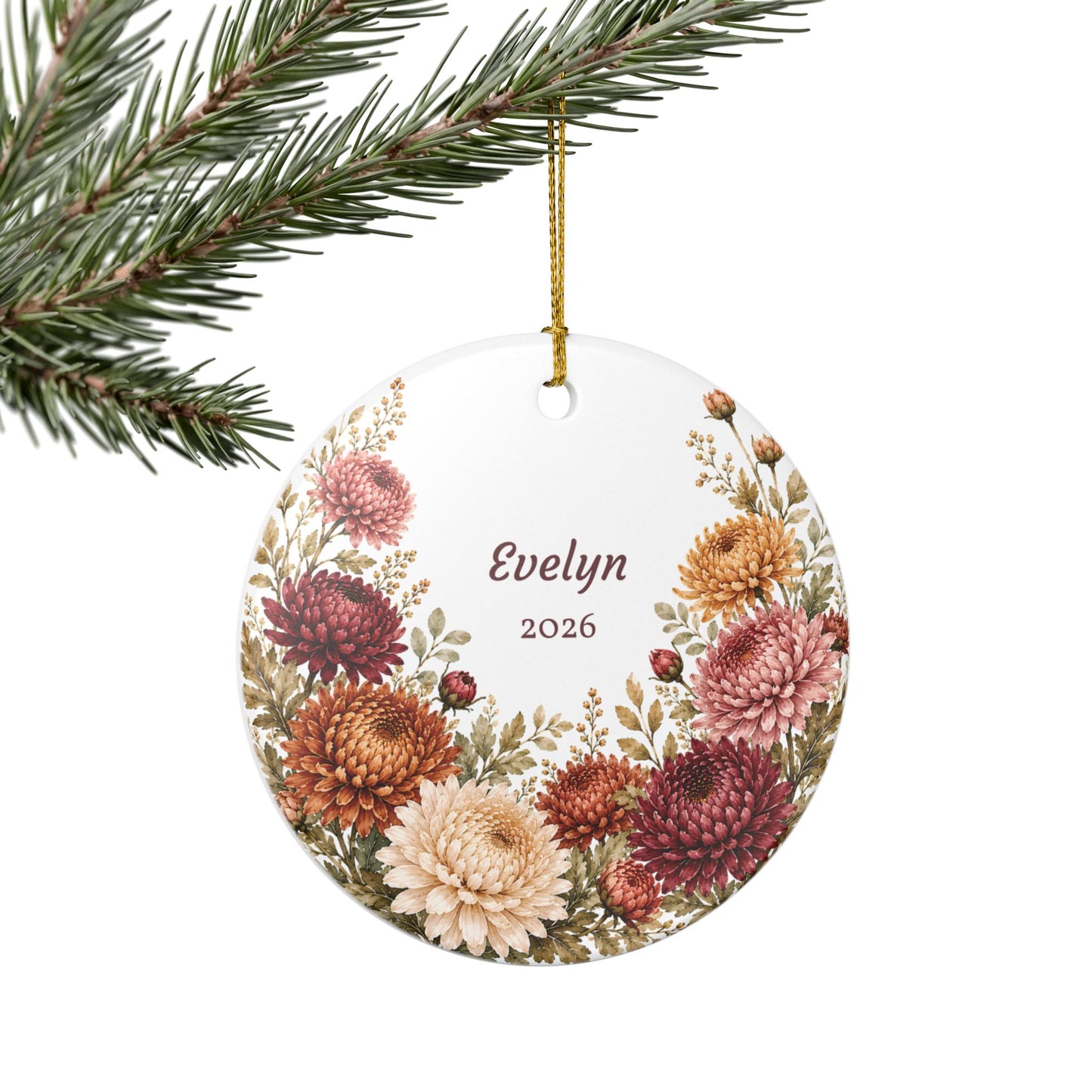 Personalized Floral Ceramic Ornament — Custom Name & Year (Evelyn 2026)