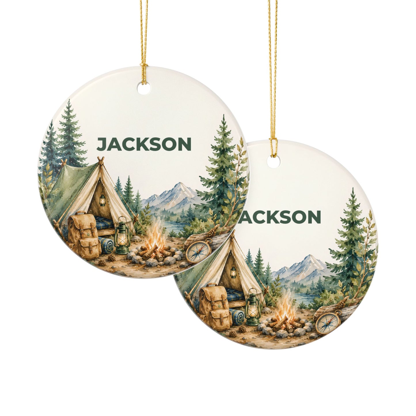 Personalized Camping Ornament — Custom Name Ceramic Holiday Decoration (Jackson)