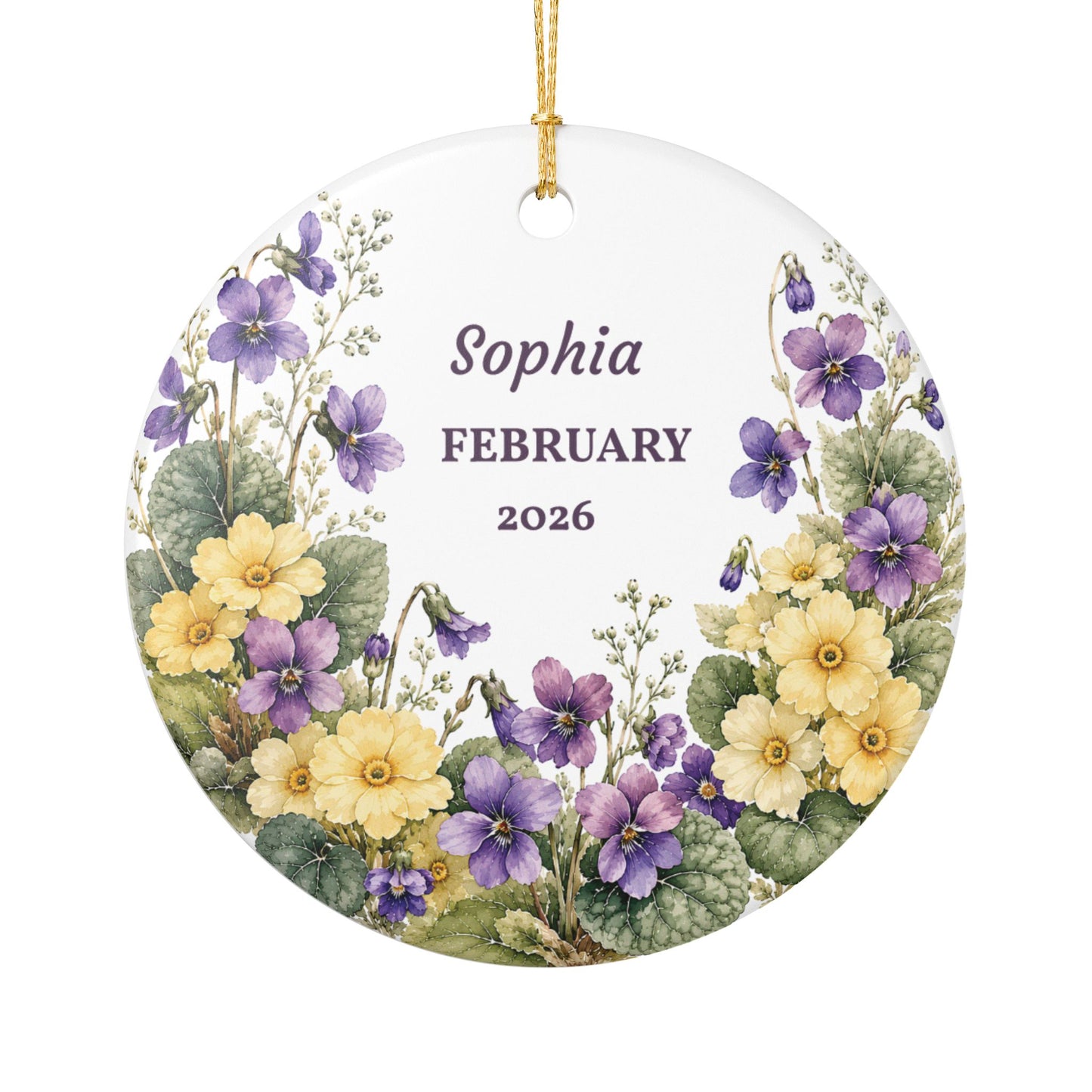 Personalized Floral Birth Month Ceramic Ornament — Custom Name & Month (February)