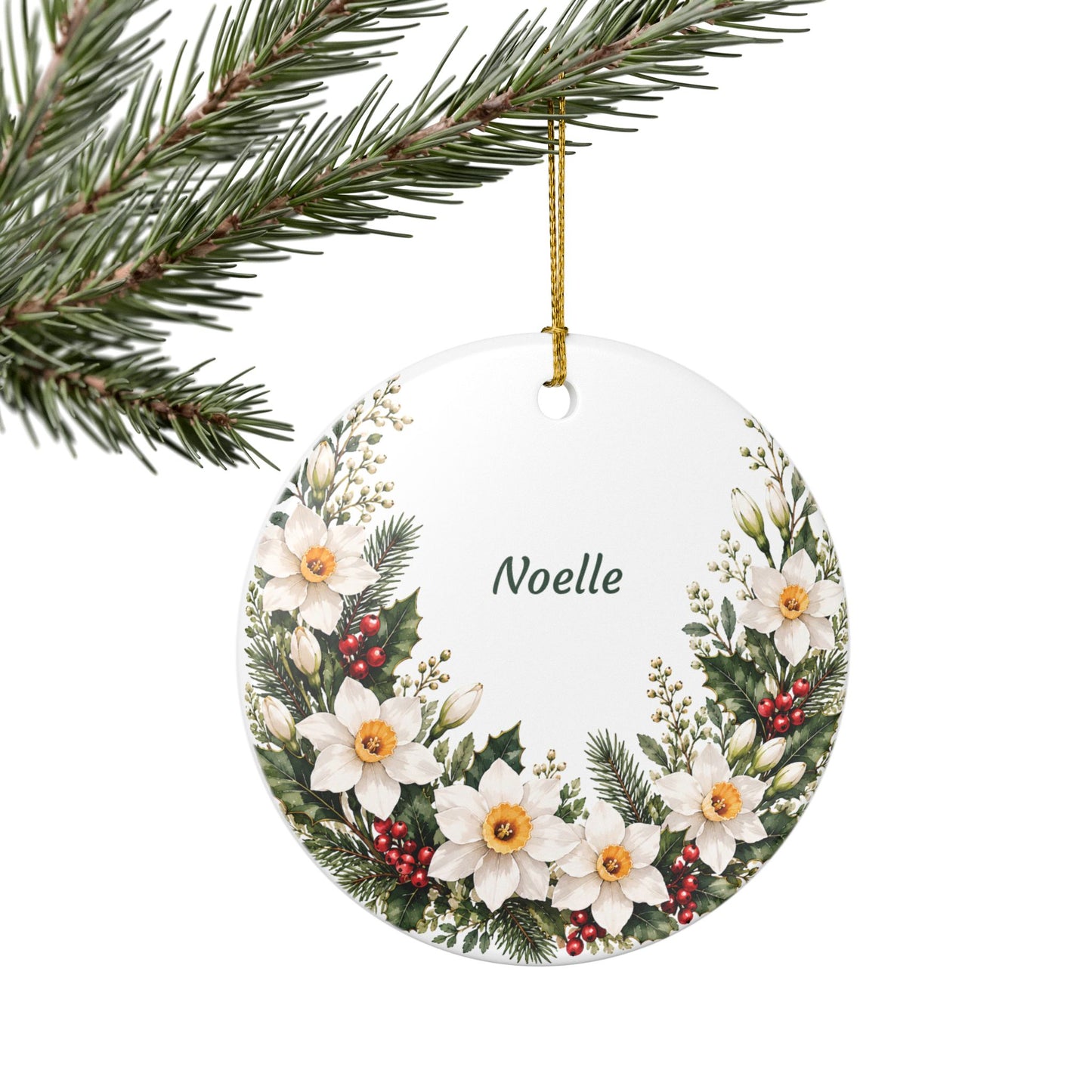 Personalized Ceramic Ornament — White Poinsettia & Berry Holiday Decoration