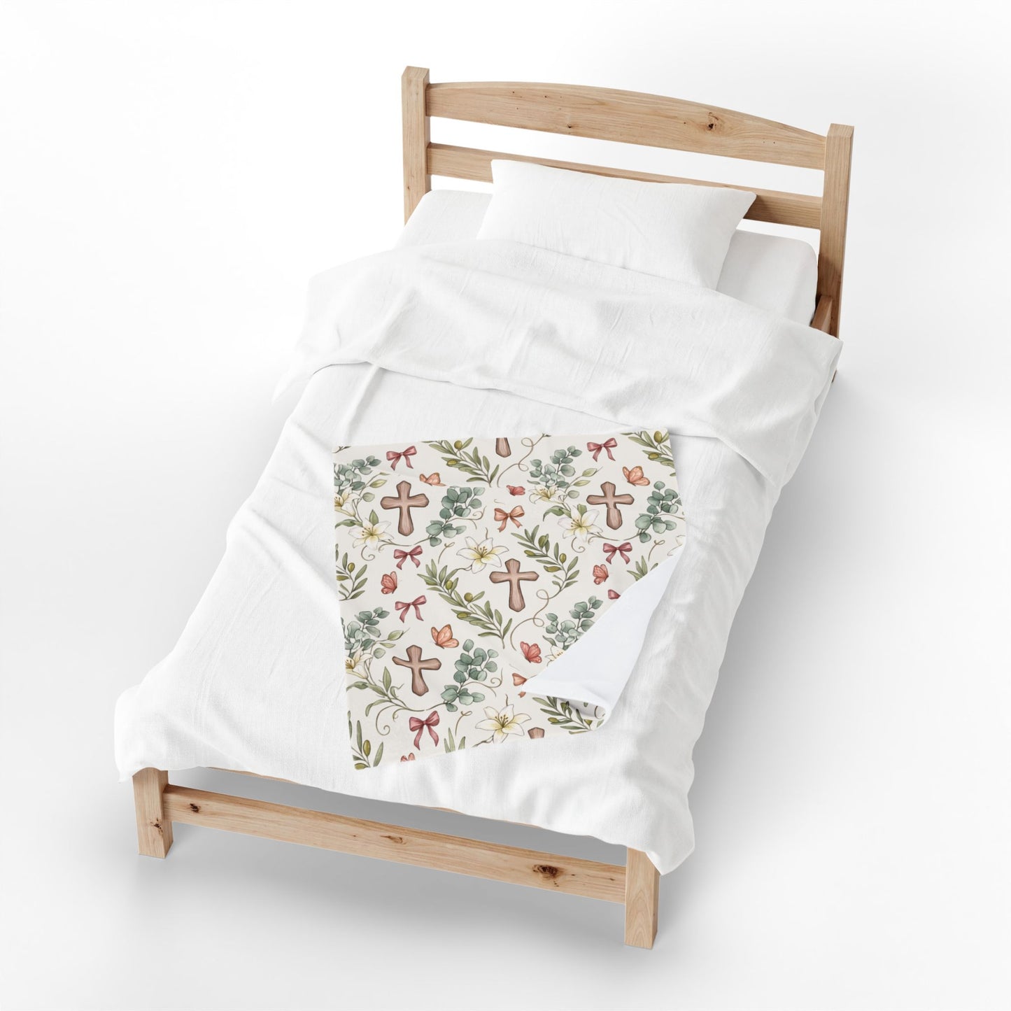 Religious Floral Cross Velveteen Plush Blanket — Soft Christian Comfort Throw