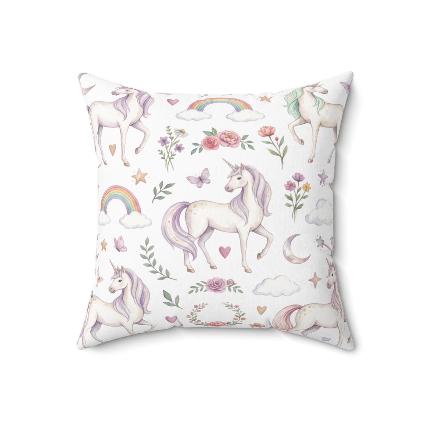 Unicorn Pattern Polyester Pillow — Pastel Rainbows & Floral Square Cushion