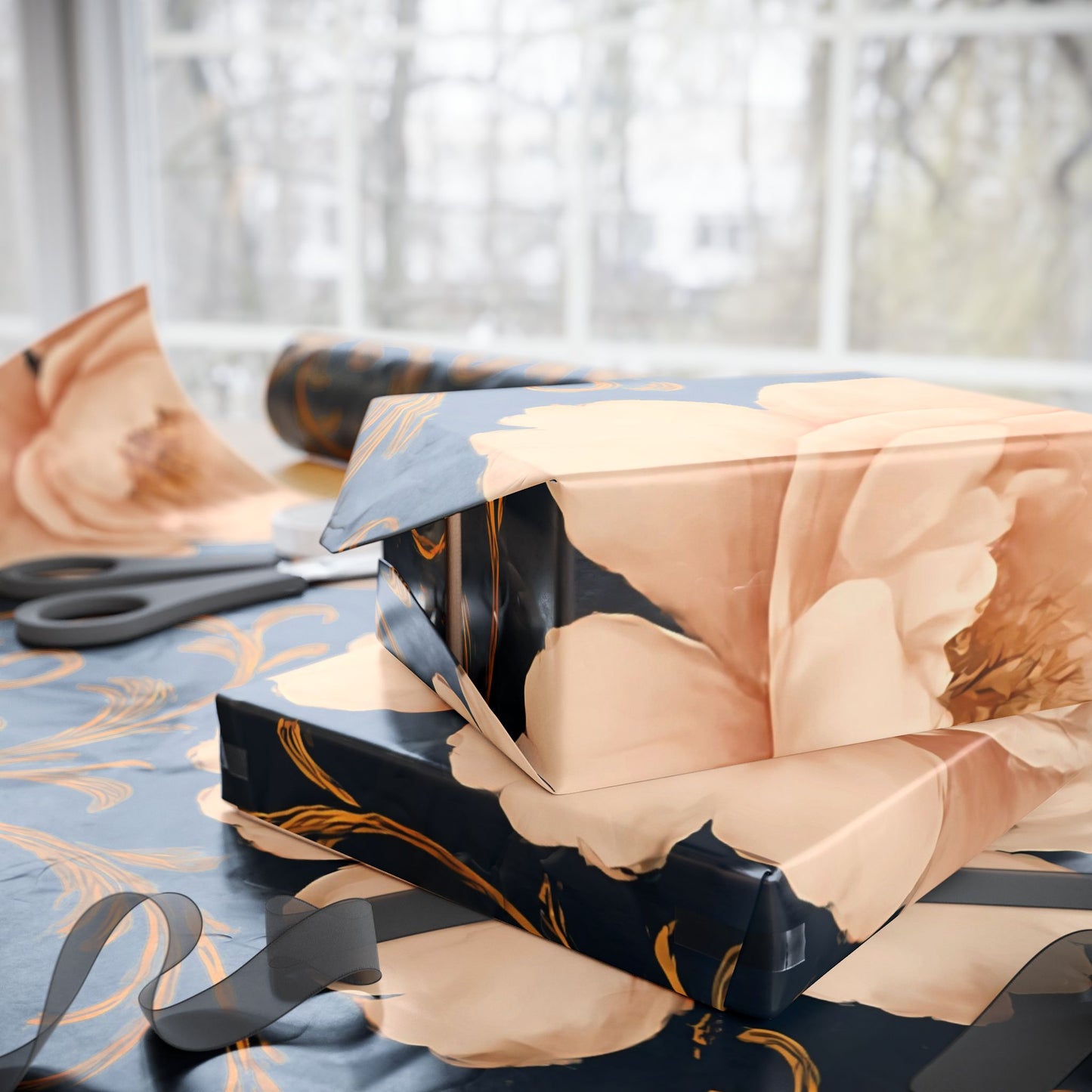 Blush Peony & Gold Scroll Wrapping Paper – Elegant Floral Gift Wrap in Glossy or Matte Finish