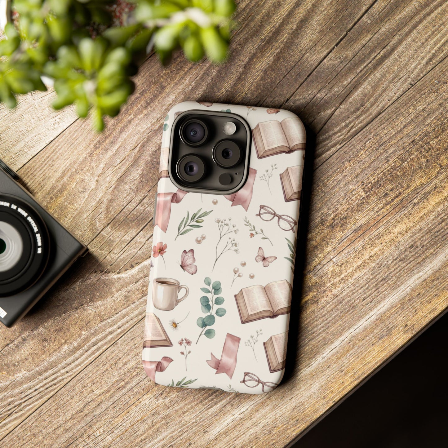 Bookish Floral Phone Case — Cozy Reading Pattern with Open Books, Glasses & Coffee