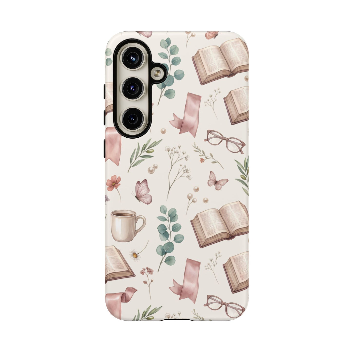 Bookish Floral Phone Case — Cozy Reading Pattern with Open Books, Glasses & Coffee