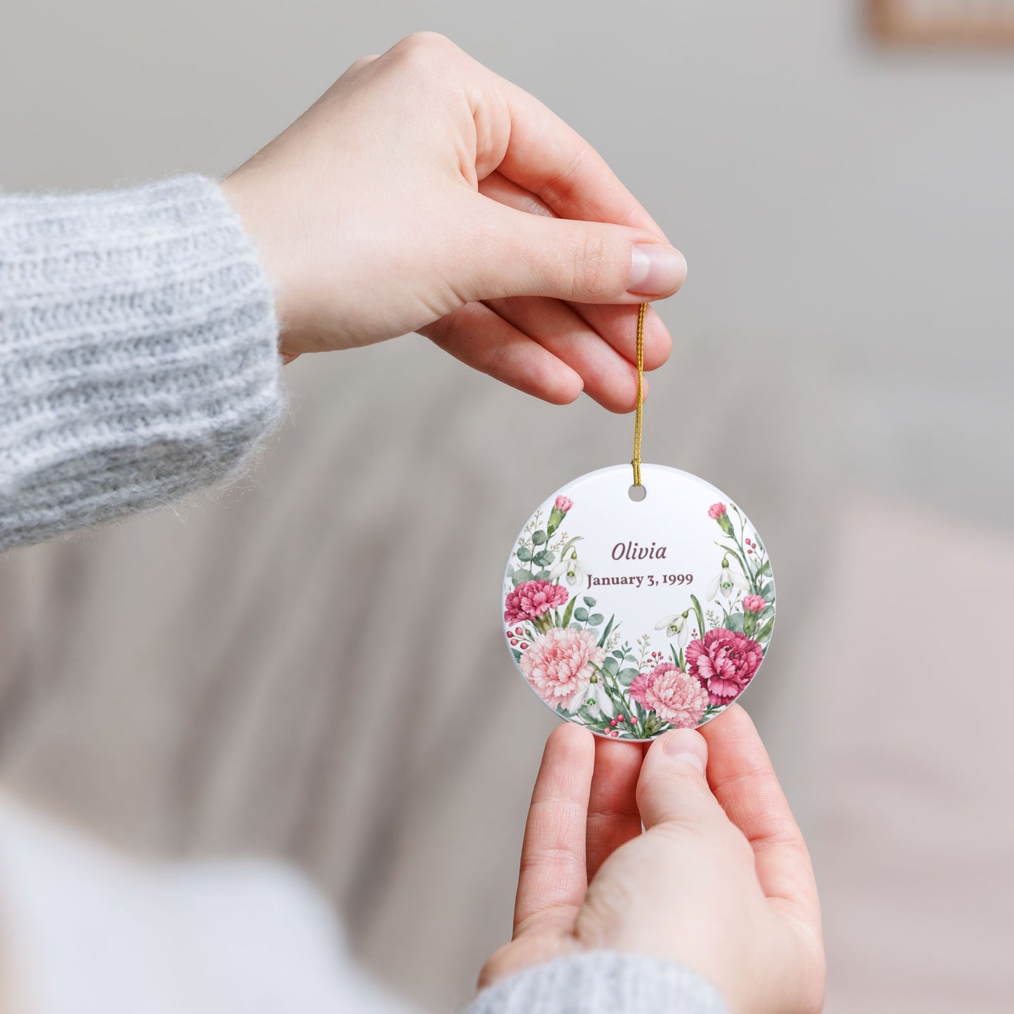 Personalized Floral Name Ornament — Custom Name & Date Ceramic Decoration
