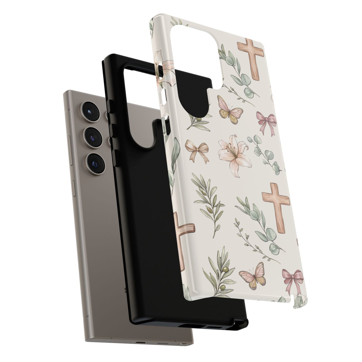 Floral Cross Tough Phone Case — Pastel Butterflies & Bows Christian Design