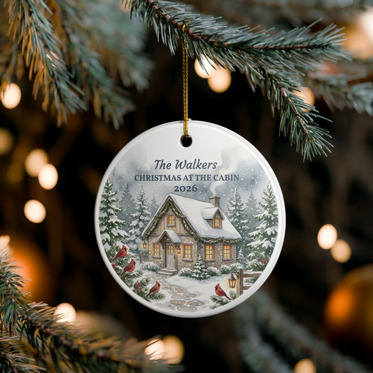 Personalized Ceramic Christmas Ornament – 'Christmas at the Cabin' Snowy Cottage (Custom Name & Year)