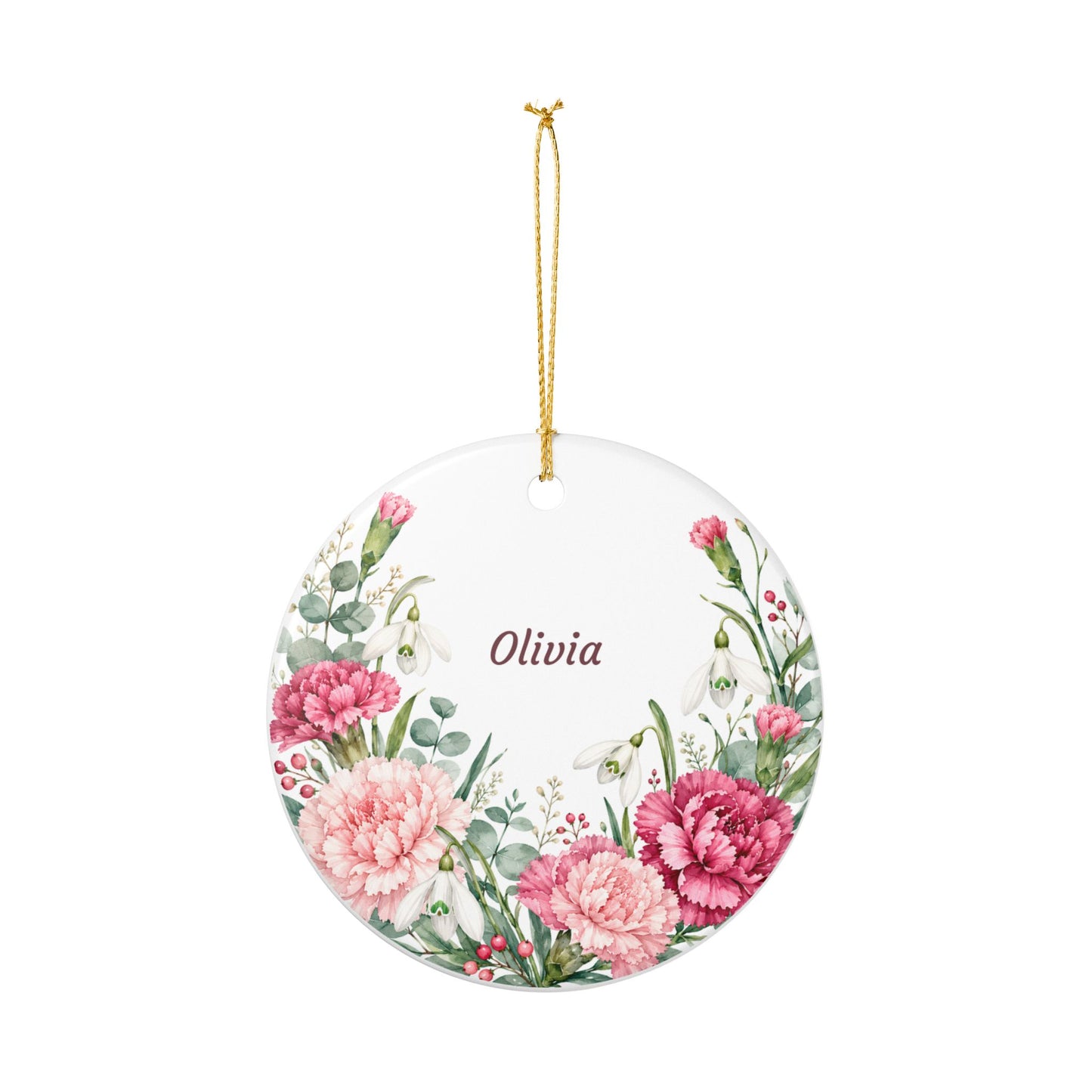 Personalized Floral Ornament - Custom Name Ceramic Holiday Decoration