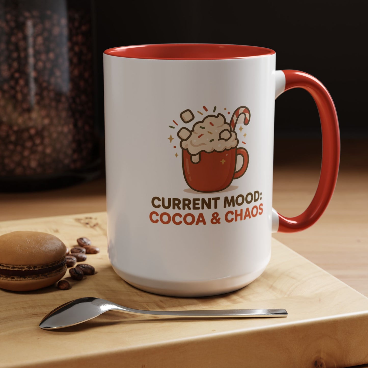 Current Mood: Cocoa & Chaos Holiday Mug – Festive Hot Cocoa Coffee Cup, 11oz & 15oz Ceramic