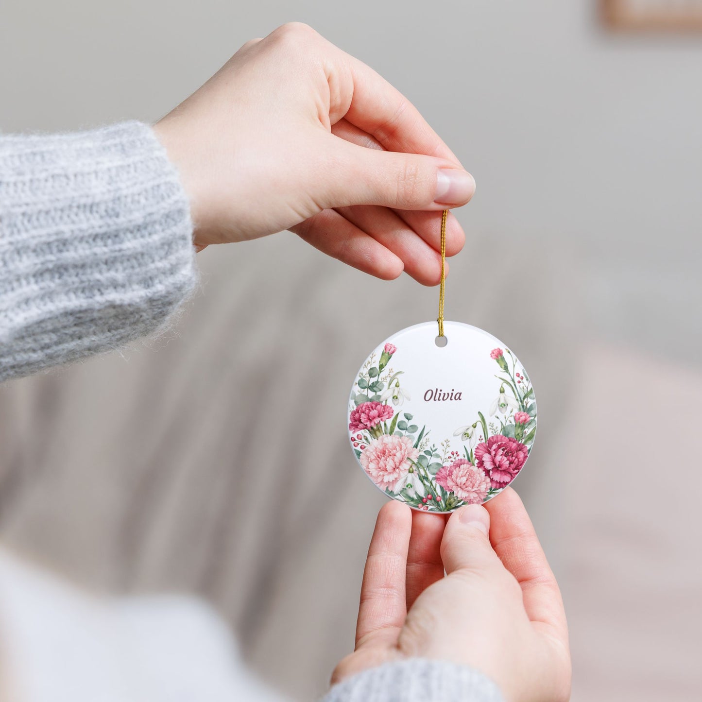 Personalized Floral Ornament - Custom Name Ceramic Holiday Decoration
