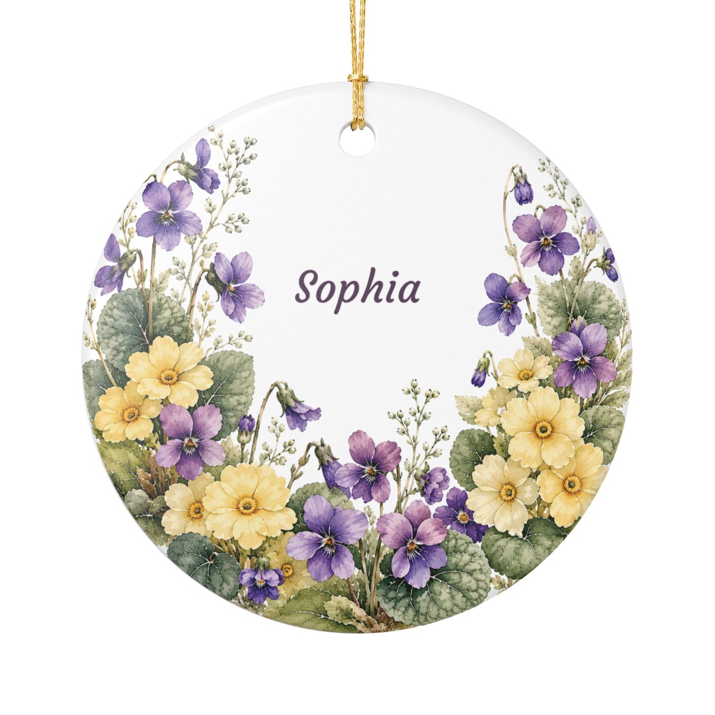 Personalized Floral Ceramic Ornament — Custom Name Violet & Yellow Flower Decoration
