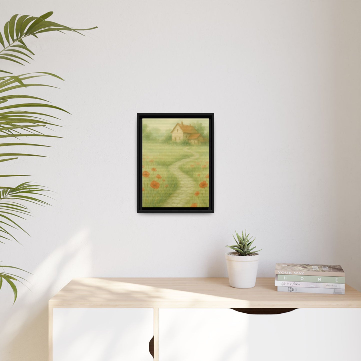 Poppy Path to Home – Framed Matte Canvas of Cottage & Flower Field Landscape