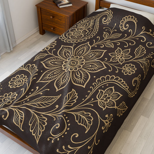 Elegant Boho Floral Paisley Velveteen Plush Blanket – Dark Brown & Cream
