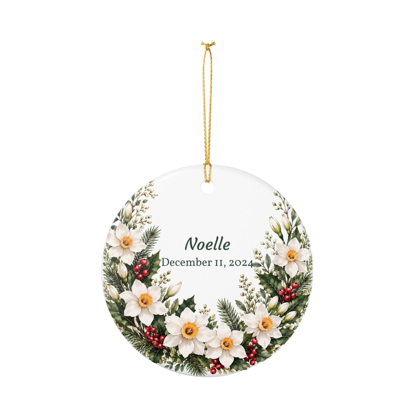 Personalized Ceramic Holiday Ornament — Floral Wreath with Name & Date
