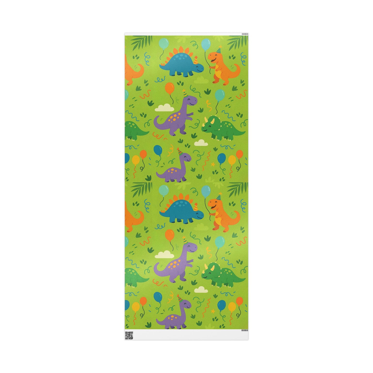 Dinosaur Party Wrapping Paper – Colorful Dinos with Balloons & Hats on Green