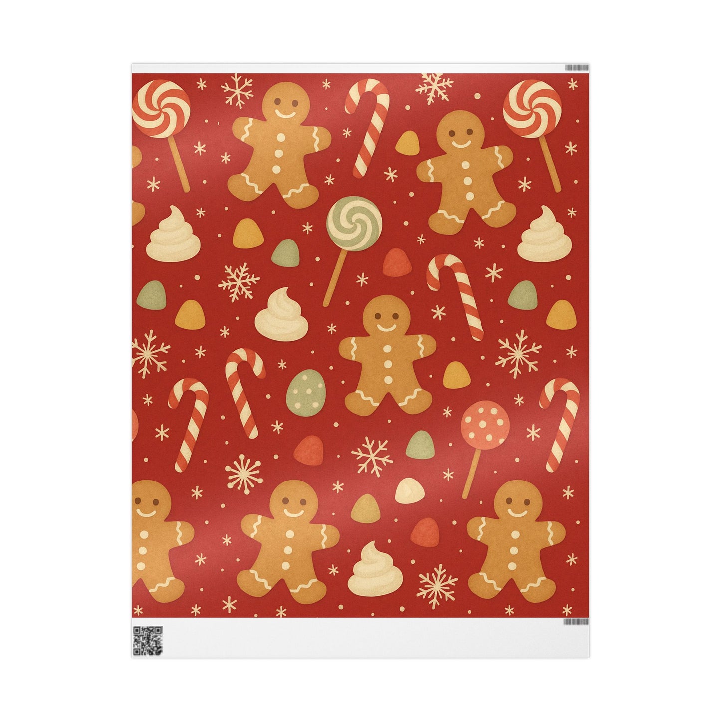 Gingerbread Christmas Wrapping Paper – Candy Canes, Gumdrops & Snowflakes on Red