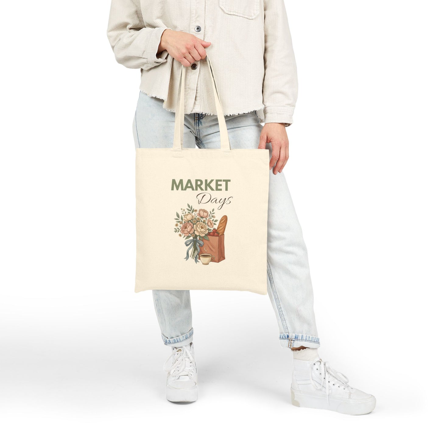 Market Days Tote Bag — Canvas Grocery & Farmers Market Shoulder Tote with Floral Bouquet Design