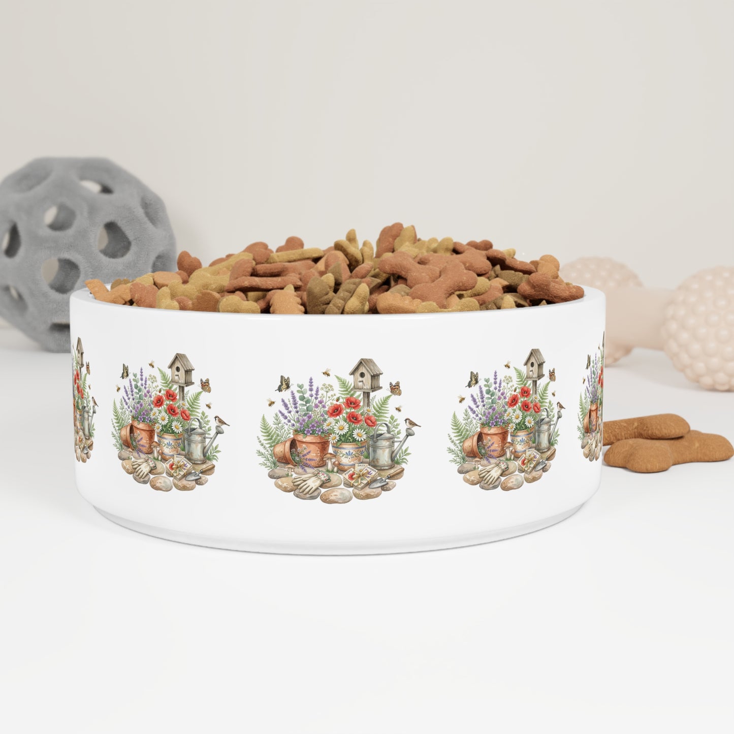 Ceramic Pet Bowl — Garden Watering Can & Birdhouse Floral Design