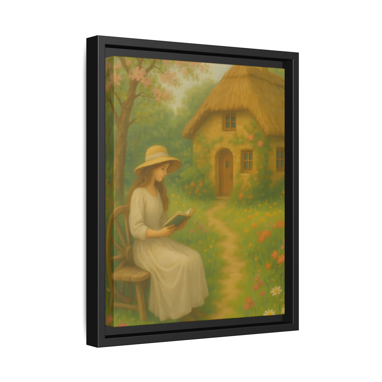 Cottage Garden Reader – Framed Matte Canvas Wall Art of Woman Reading by a Thatched Cottage