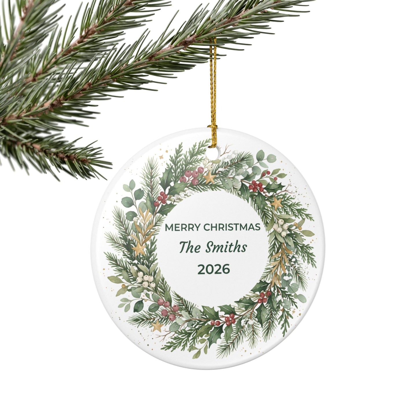 Personalized Ceramic Christmas Ornament – Green Holiday Wreath, 'Merry Christmas The Smiths'