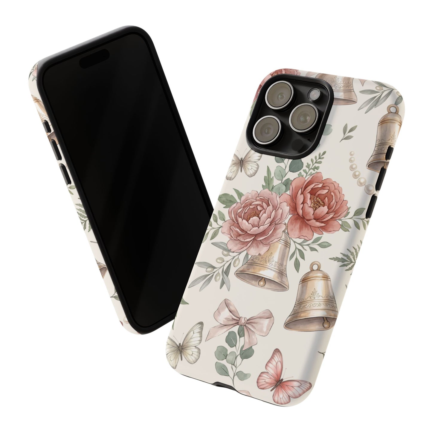 Floral Wedding Bells Phone Case — Vintage Roses, Butterflies & Bow Protective Tough Case