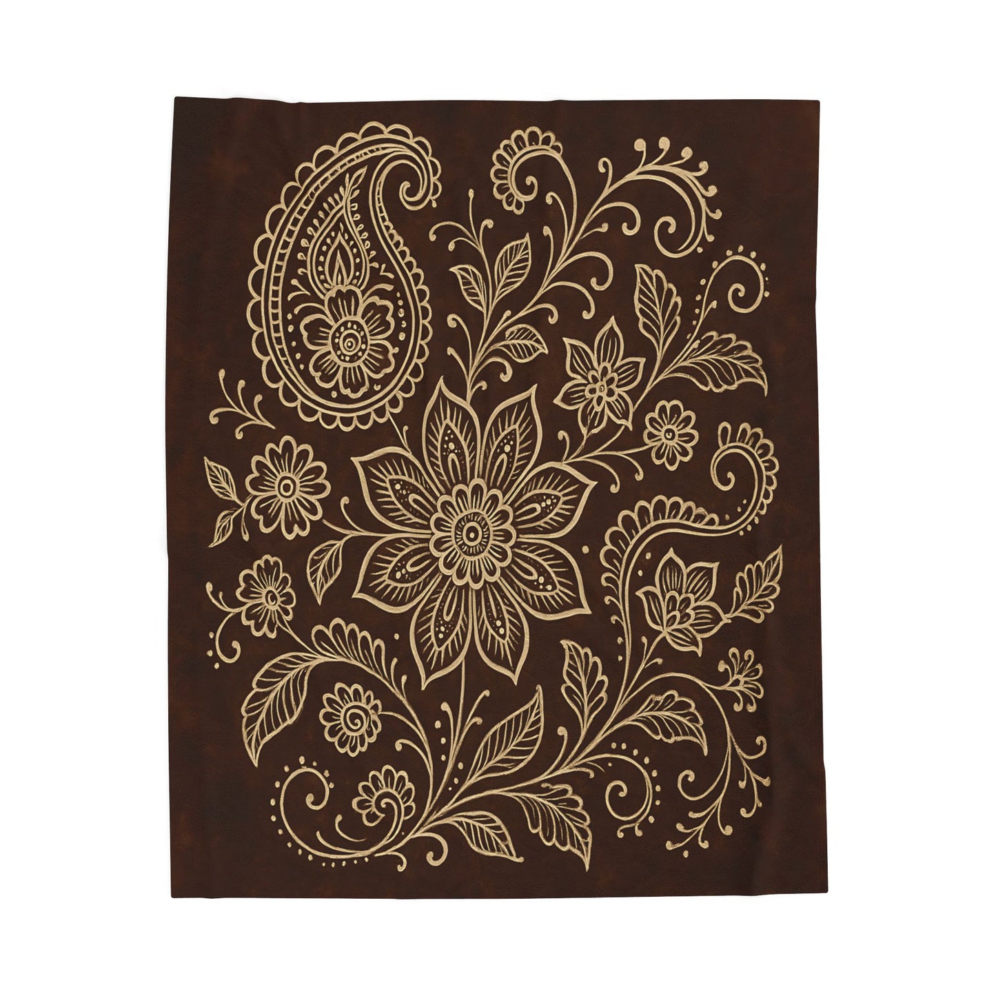 Elegant Boho Floral Paisley Velveteen Plush Blanket – Dark Brown & Cream