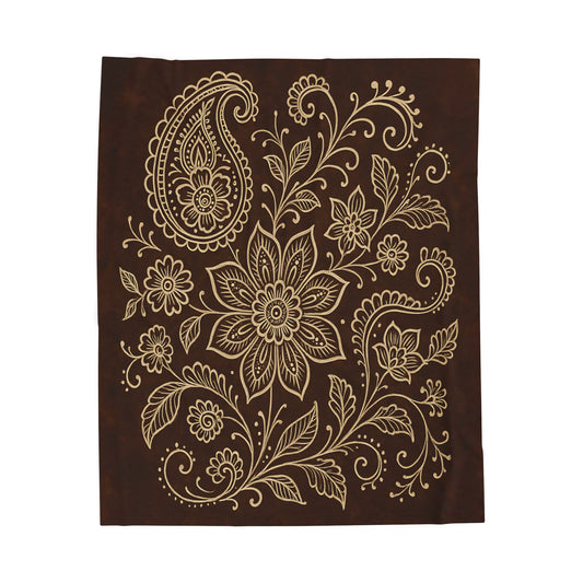Elegant Boho Floral Paisley Velveteen Plush Blanket – Dark Brown & Cream
