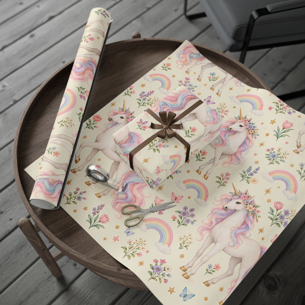 Unicorn Floral Wrapping Paper Roll — Pastel Rainbow Gift Wrap