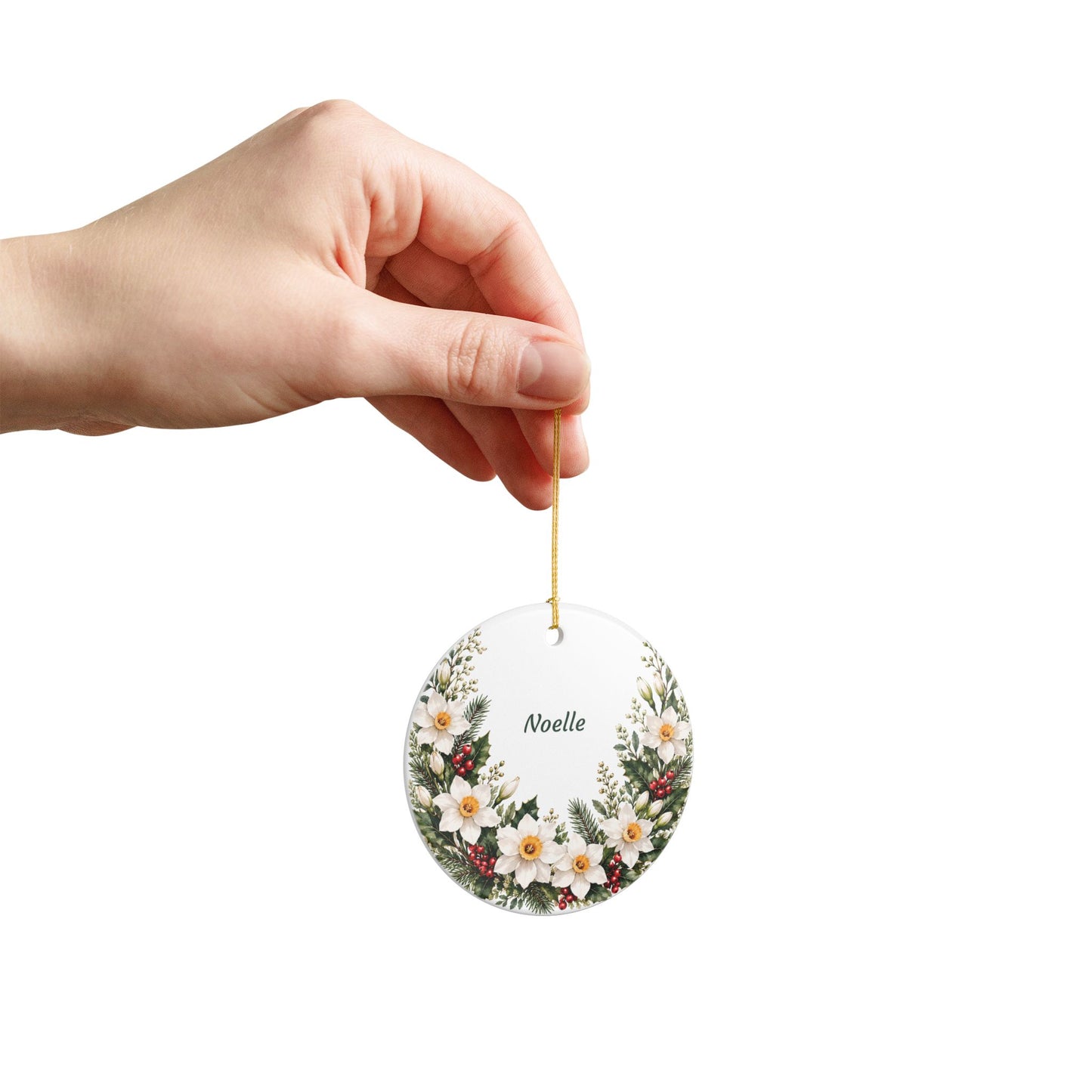 Personalized Ceramic Ornament — White Poinsettia & Berry Holiday Decoration