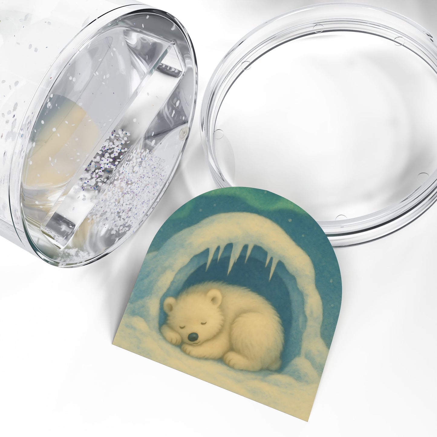 Hibernating Bear Snow Globe – Cozy Winter Den Scene with Two-Sided Print